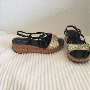miu miu black and gold low wedge sandals